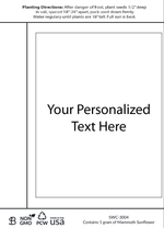 White seed packet with planting instructions and a customizable label area in the center displaying placeholder text ‘Your Personalized Text Here’