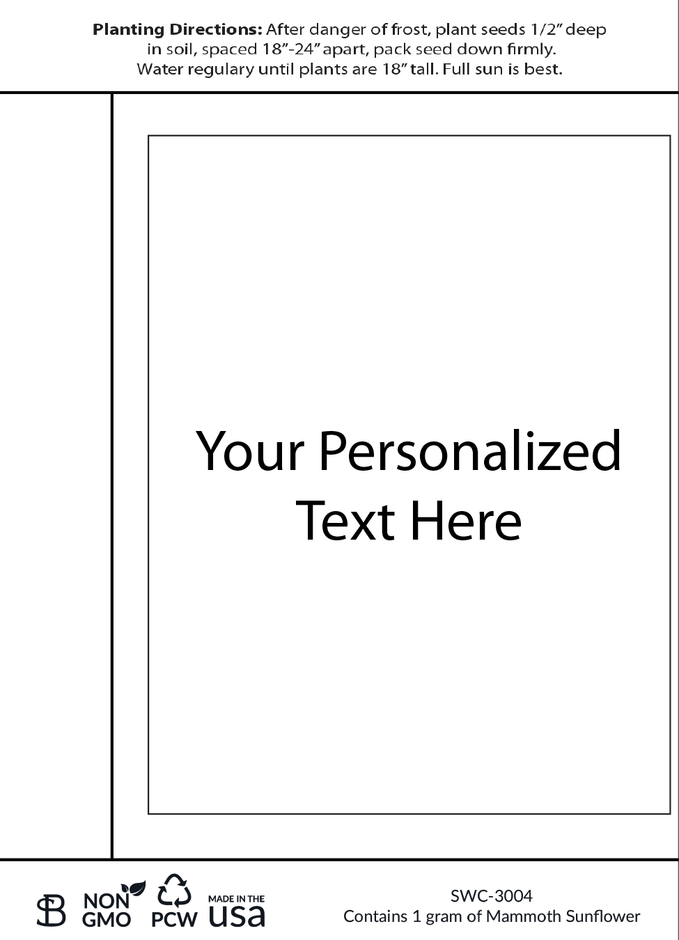 White seed packet with planting instructions and a customizable label area in the center displaying placeholder text ‘Your Personalized Text Here’