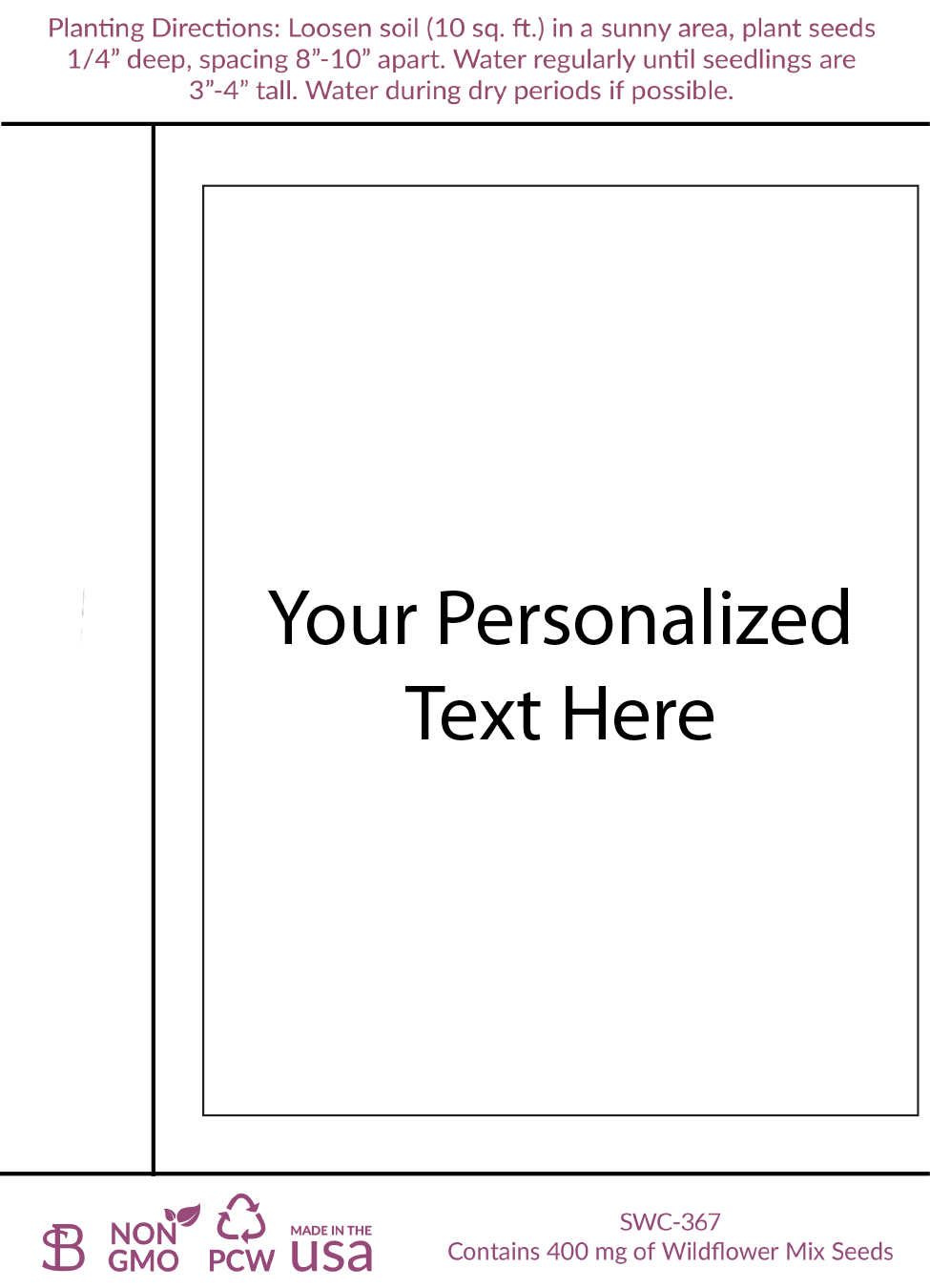 White seed packet with planting instructions and a customizable label area in the center displaying placeholder text ‘Your Personalized text Here’