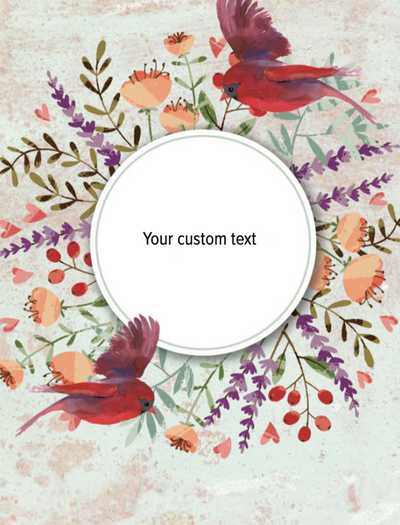 Floral design with red birds and a customizable text area on a light background
