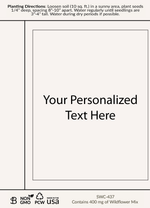 White seed packet with planting instructions and a customizable label area in the center displaying placeholder text ‘Your personalized text here’