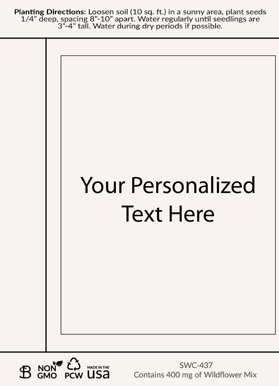 White seed packet with planting instructions and a customizable label area in the center displaying placeholder text ‘Your personalized text here’