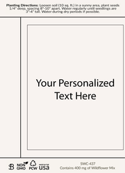White seed packet with planting instructions and a customizable label area in the center displaying placeholder text ‘Your personalized text here’