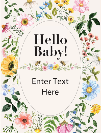 White seed packet with floral illustration and text saying 'Hello Baby!' with a customizable label area on the front displaying placeholder text ‘Enter Text Here’