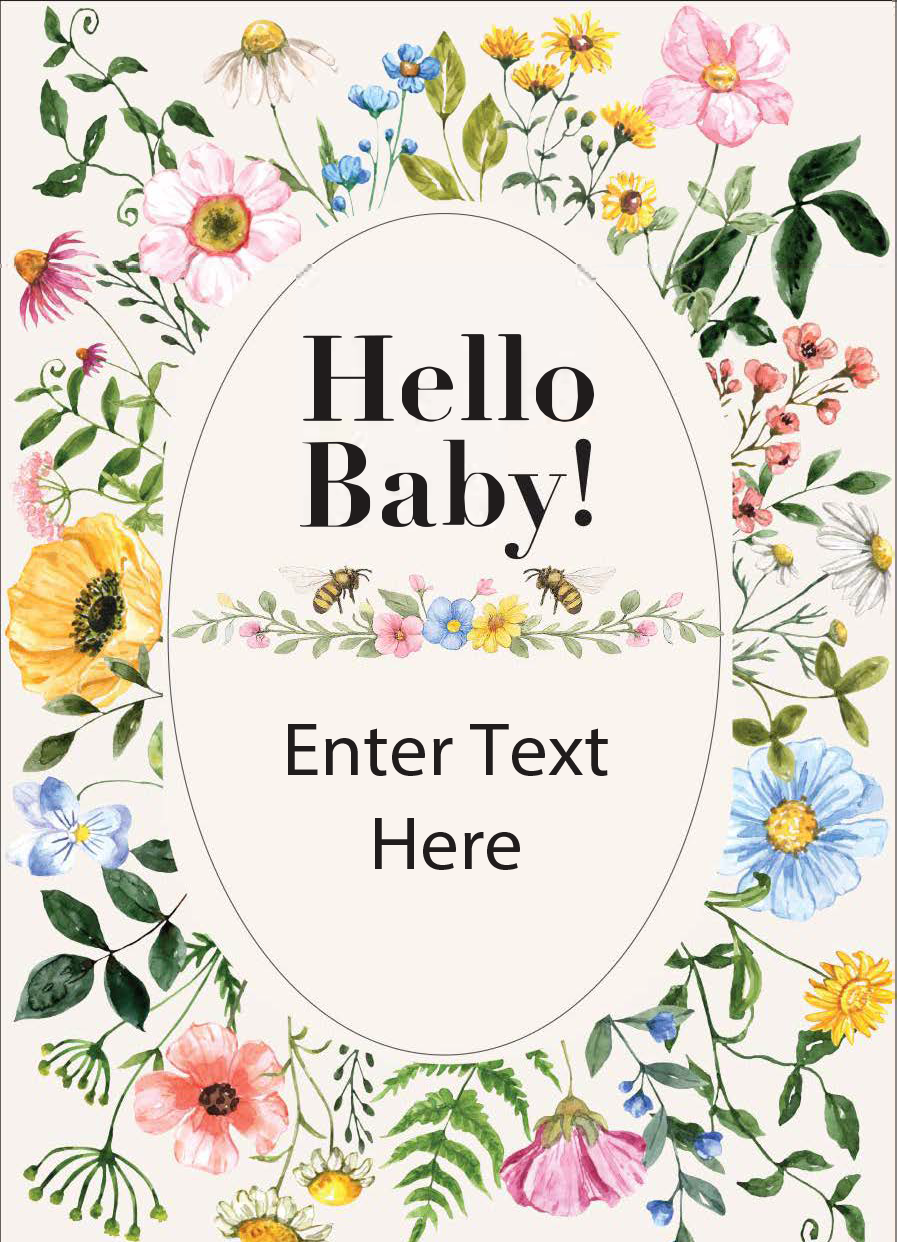 White seed packet with floral illustration and text saying 'Hello Baby!' with a customizable label area on the front displaying placeholder text ‘Enter Text Here’