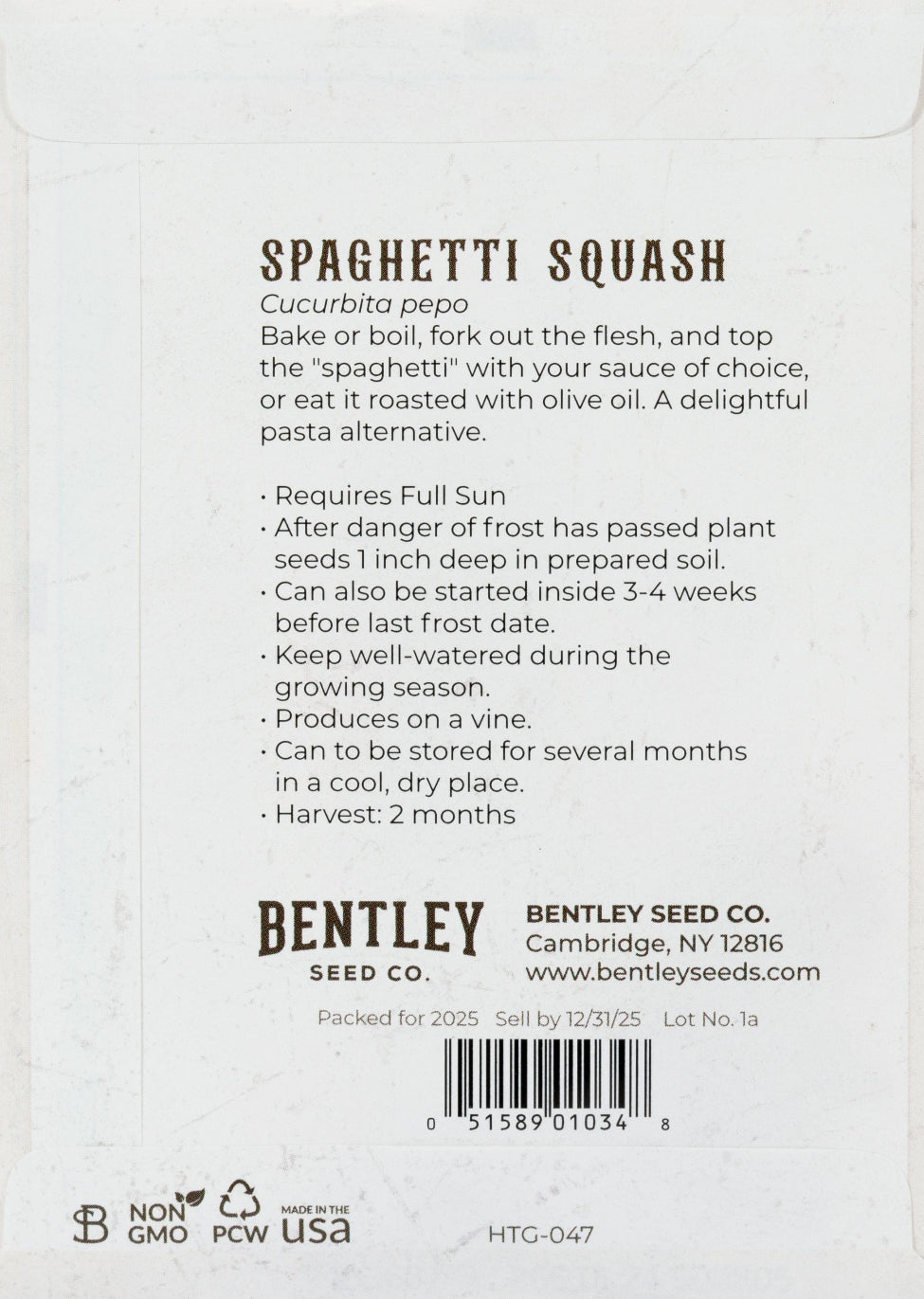 Squash-Spaghetti 1850: Back of seed Packet