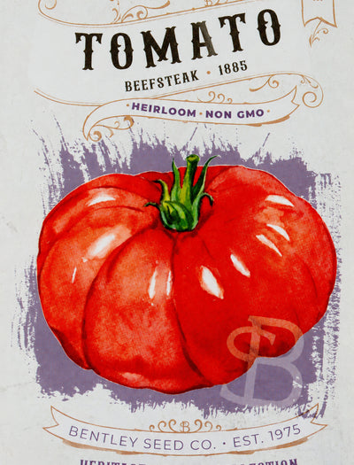 Front of heirloom Beefsteak Tomato seed packet.
