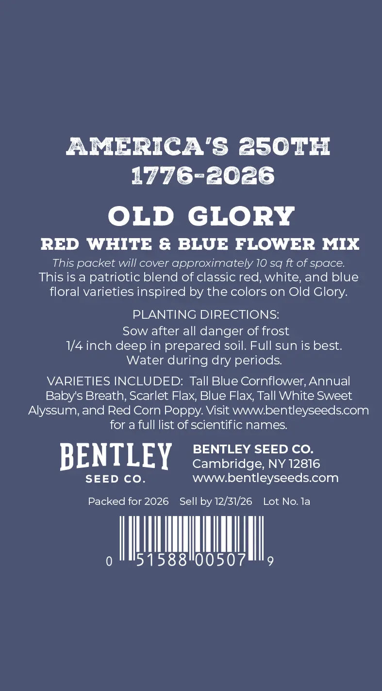 Bentley Seed Co. packaging for Old Glory flower mix on a blue background