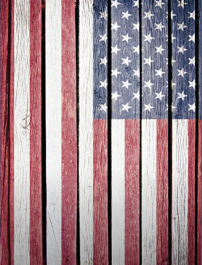 Wooden American flag with vertical stripes in red, white, and blue.