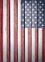 Wooden American flag with vertical stripes in red, white, and blue.