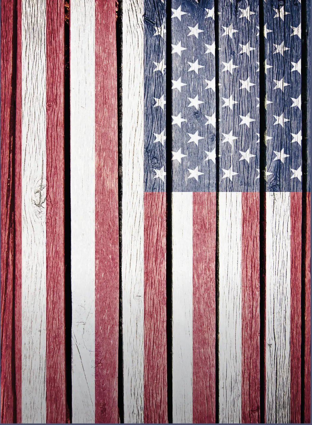 Wooden American flag with vertical stripes in red, white, and blue.