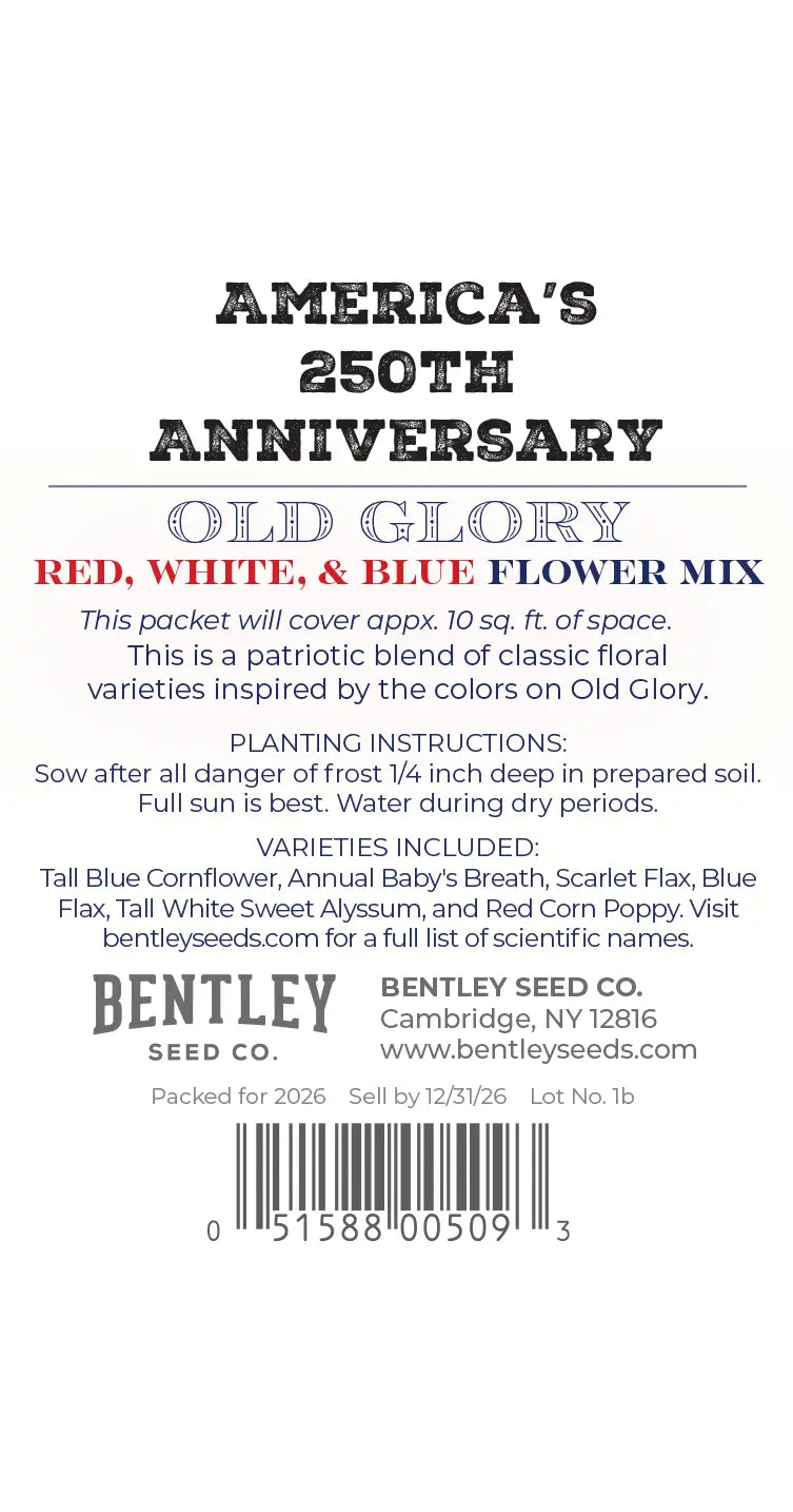 Back of a seed packet for 'Old Glory' flower mix with planting instructions and Bentley Seed Co. branding on a white background