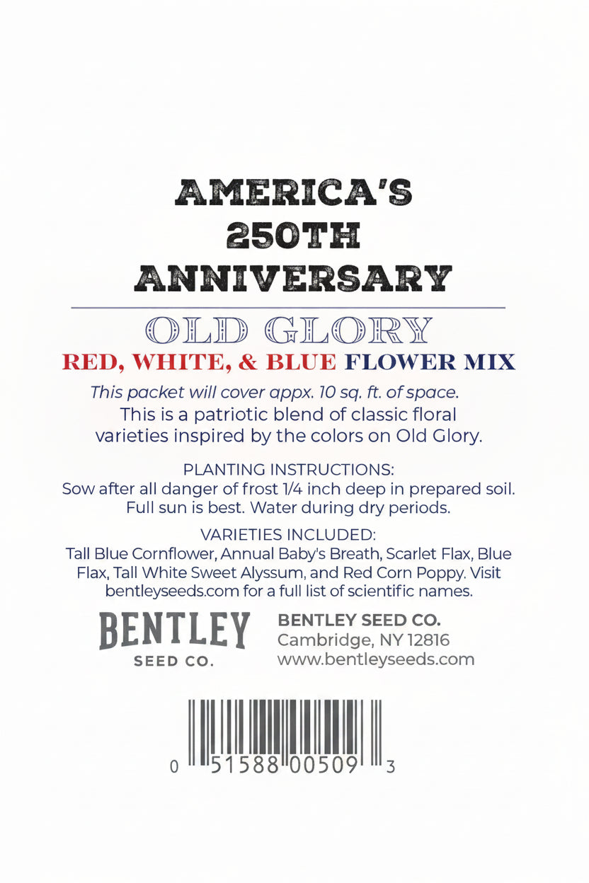 Back of a seed packet for 'Old Glory' flower mix with planting instructions and Bentley Seed Co. branding on a white background