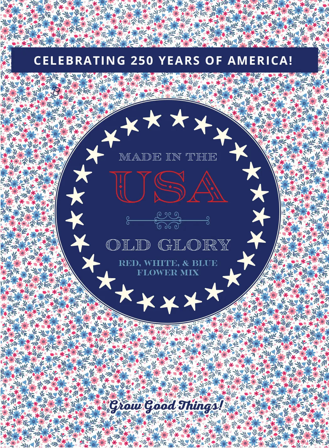 Product packaging with 'Made in the USA' and 'Old Glory' design on a floral patterned background.