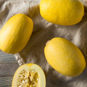 Image of 4 Spaghetti Squash on table on a tan cloth. One squash is cut in half.