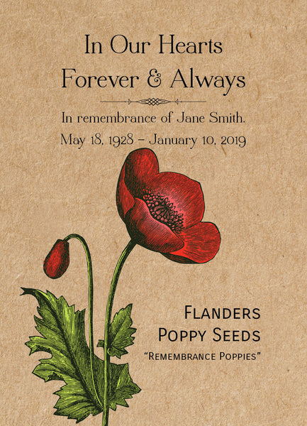 In Our Hearts Forever and Always - Remembrance/Memorial Flanders Poppy Seed Favor Custom Packets - Bentley Seed