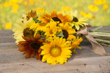 Sunflower All Sorts Bouquet - This mix can include Sungold Tall, Autumn Beauty, Lemon Queen, Sungold Dwarf, Dwarf Sunspot, Velvet Queen, Large Grey Stripe, Chocolate Cherry, Black Oil Sunflower, and Maximilian Sunflowers.  Bentley Seed