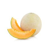 Two slices of canteloupe next to a whole cantaloupe on white background.