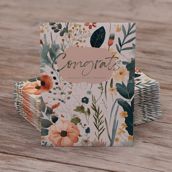 Congrats with Blooms - Wildflower Mix Seed Packets - 25 Seed Packets - Perfect Eco-Friendly Gift - Congratulations- Blank Card Non GMO Seeds