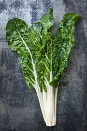 Fresh bunch of swiss chard on rustic wooden table.